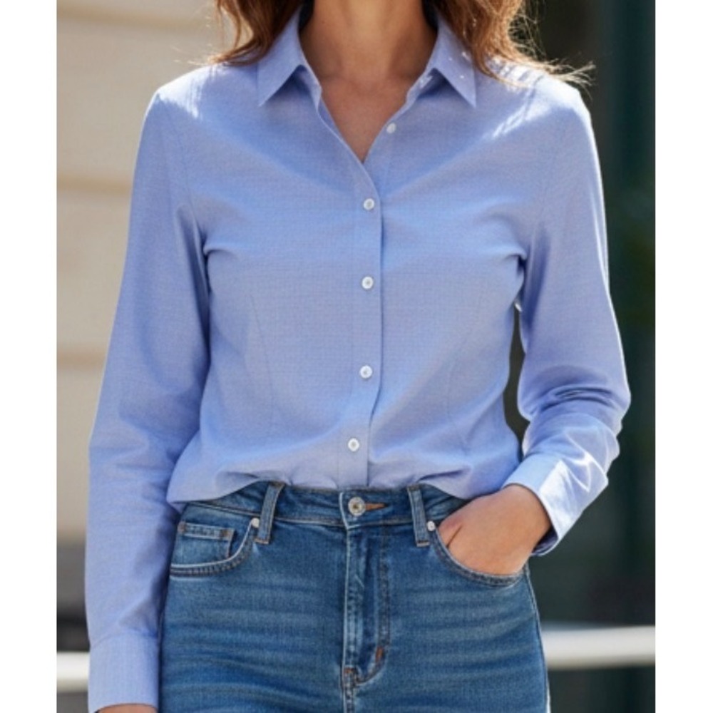 Talbots Petites Blue Wrinkle Resistant Button Down Oxford Shirt 12P Long Sleeve
